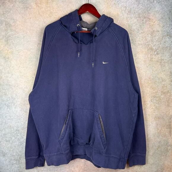 VTG Y2K Nike Logo Hoodie Sweatshirt Mens Sz XXL Navy Blue Mini swoosh Pullover - Picture 1 of 8